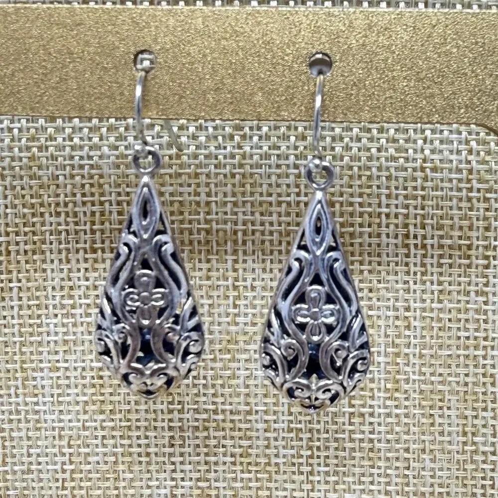 Sterling Silver Filigree Scroll Teardrop Dangle Earrings 925 SU Thailand 6.8 g